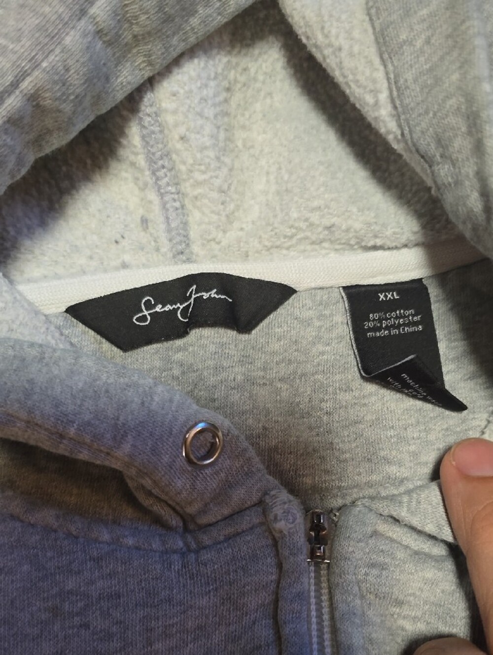 SeanJohn Light Gray Zip-Up Hoodie with White Sleeve Panels (Zipper Handle Broke) - Picture 2 of 7